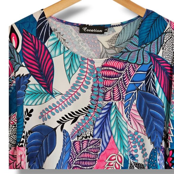Creation Tunic Top Size 2X Asymmetrical 3/4 Sleeves Vibrant Colorful Leaf Design - Picture 3 of 10